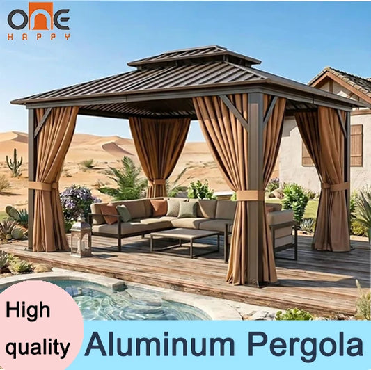 Premium Hard Roof Gazebo Heavy Duty Metal Frame Waterproof Sunshade Permanent Outdoor Pergola With Curtains And Netting