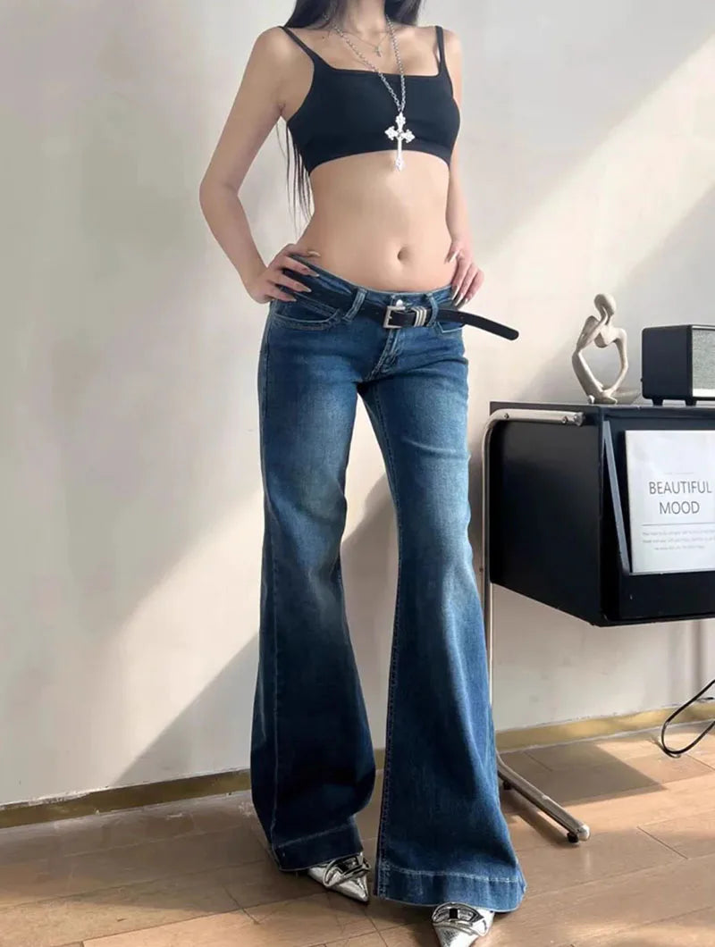 2025 New High Waist Flared Jeans Female Y2K Vintage Slim Stretchy Denim Pants for Women Aesthetic Streetwear Wide Leg Trousers