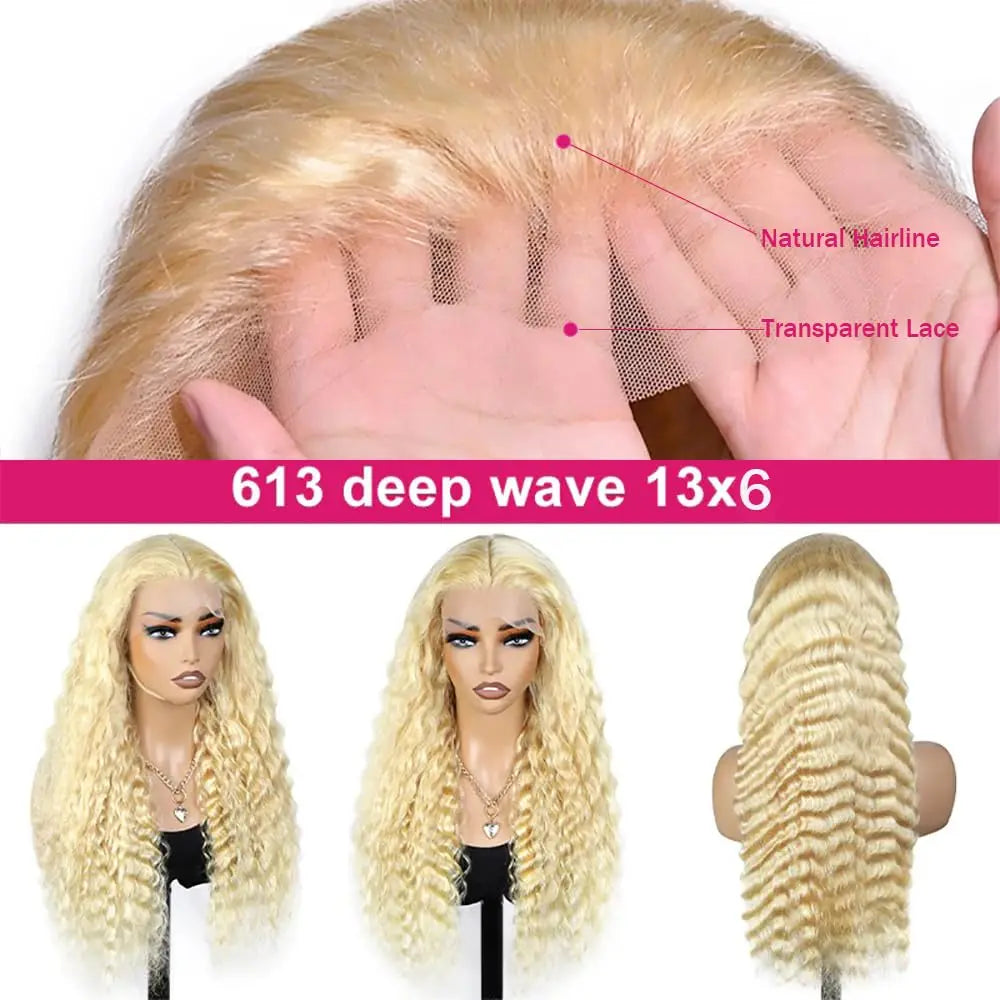 Deep Wave Wigs Human Hair Lace Front 613 13x6 HD Transparent Curly 200% Density Pre Plucked Lace Frontal Wig For Women 30 Inch