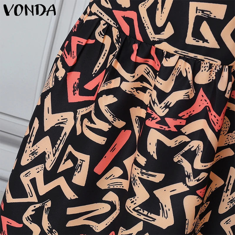 VONDA Women Vintage Maxi Dress Short Sleeve Summer Party Vestidos 2025 Casual Printed A-line Robe Bohemian V-Neck Long Sundress