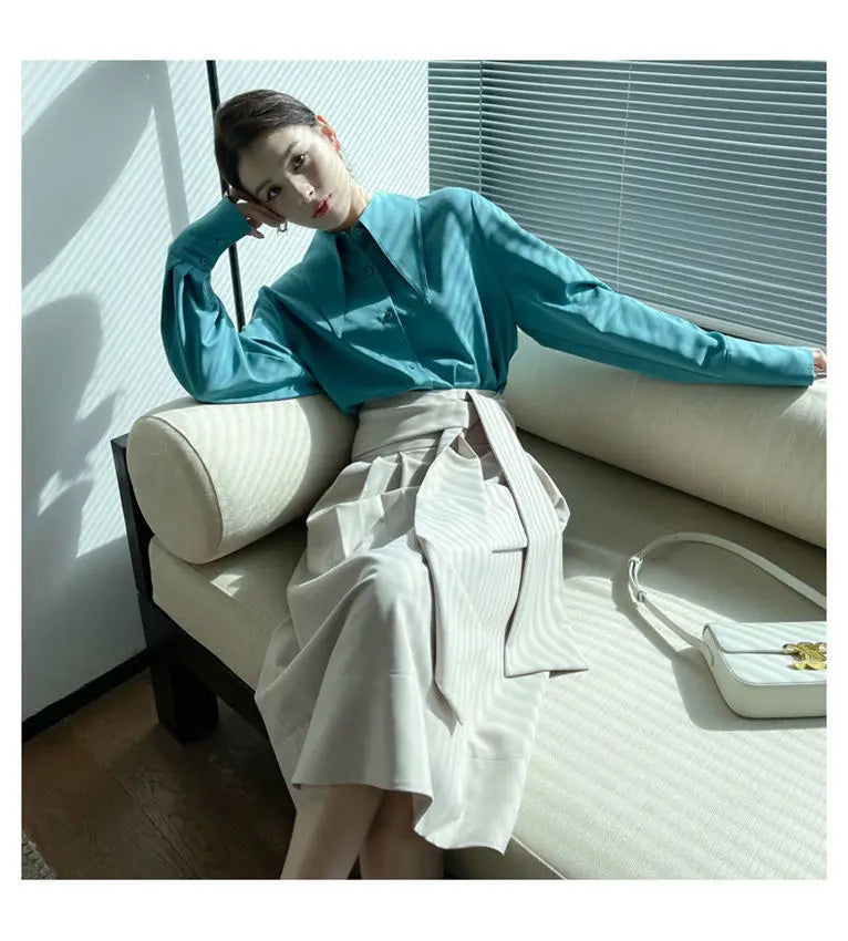 Spring Autumn New Elegant Long Sleeve Loose Shirt Tops Solid Color All-match Fashion Blouse Temperament Korean Women Clothing