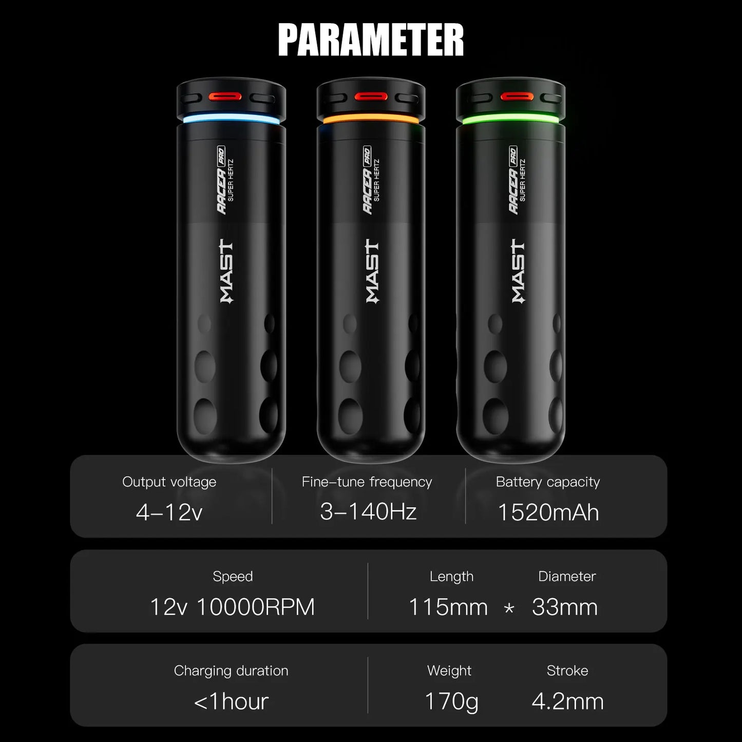 Mast Racer Pro Tattoo Machine Kit Full Set 4.2mm Stroke Wireless Battery Adjustable Power Modes(Soft/Medium/Hard) High Precision