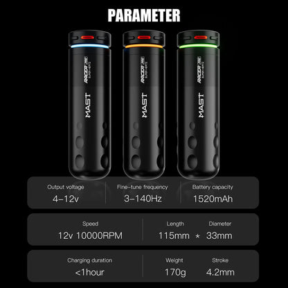 Mast Racer Pro Tattoo Machine Kit Full Set 4.2mm Stroke Wireless Battery Adjustable Power Modes(Soft/Medium/Hard) High Precision