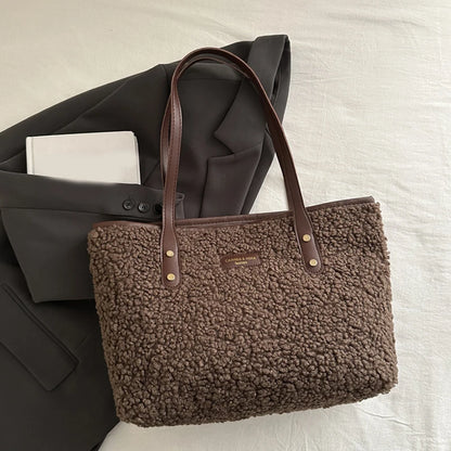 Soft Handbag Large Capacity Fall Winter Shoulder Bag Women Lamb Wool Tote Bag Zipper Closure Casual Shopping Traveling Tote