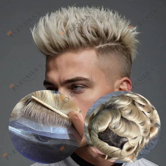 Men's Super Natural Hairline 100% Human Hair Ombre Blonde Capillary Prosthesis System Wigs Brown Roots Durable Thin Skin Toupee