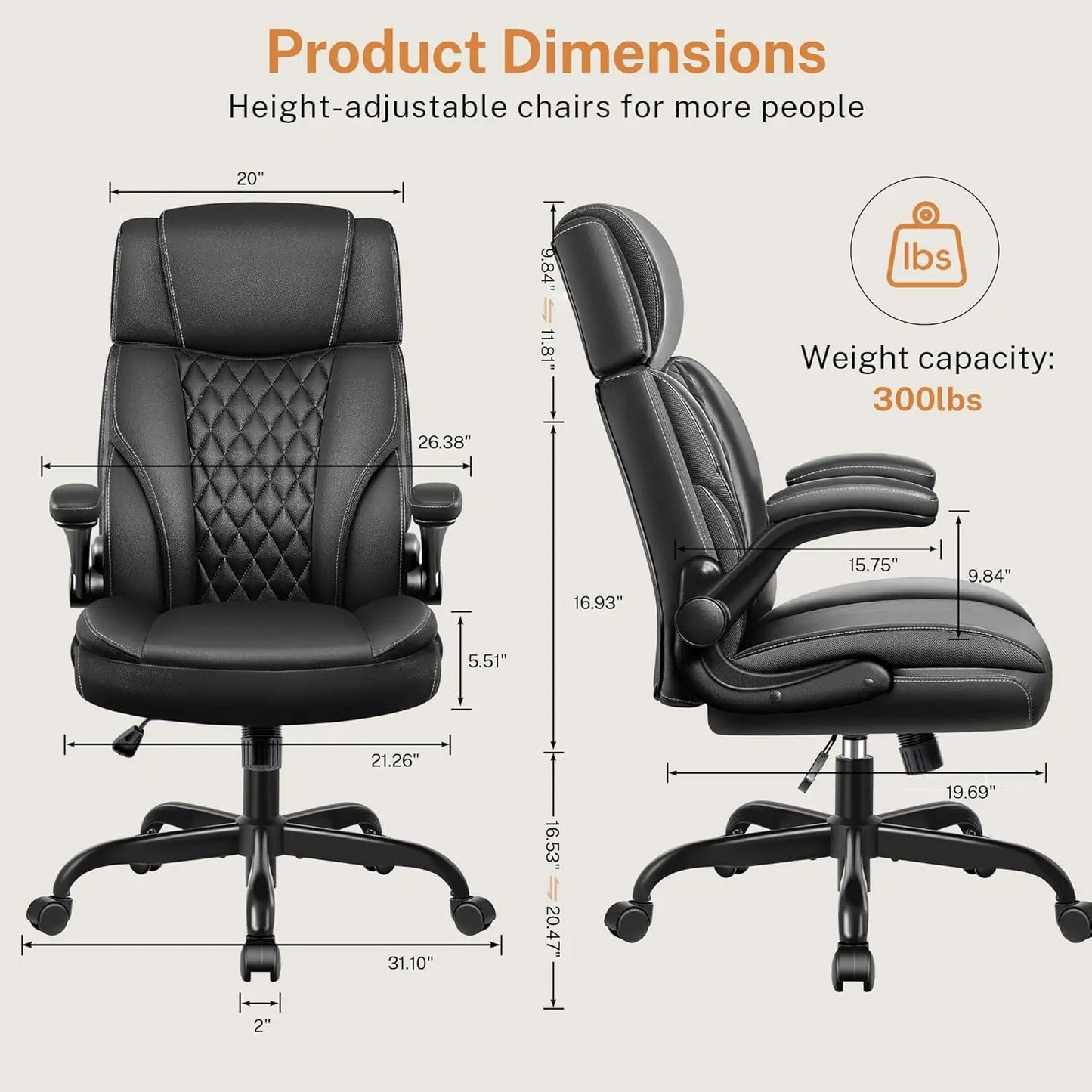 Office Chair Flip Up Arms, Executive Leather Office Chair Ergonomic Desk Chair with Lumbar Support, Adjustable, Customized