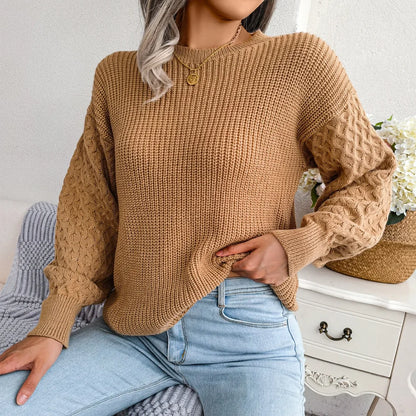 2024 Autumn Winter Casual Lantern Long Sleeved Knitted Sweater Fashion Army Green Round Neck Sweater Elegant Knitted Pullover