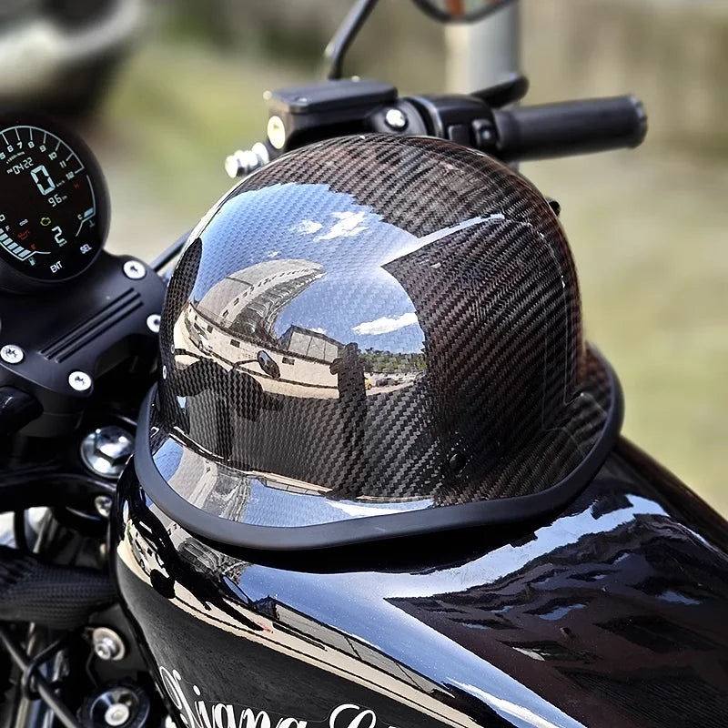 Bright Black Real 3K Carbon Fiber Helmet Retro Men's Motorcycle Helmet German Style Soldier Helmet Retro Cruiser DOT ECE