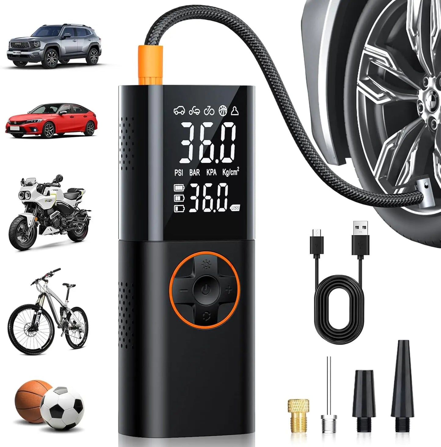 150PSI fast wireless air pump, suitable for tires, with digital pressure gauge and LED light, can be used for cars, bicycles