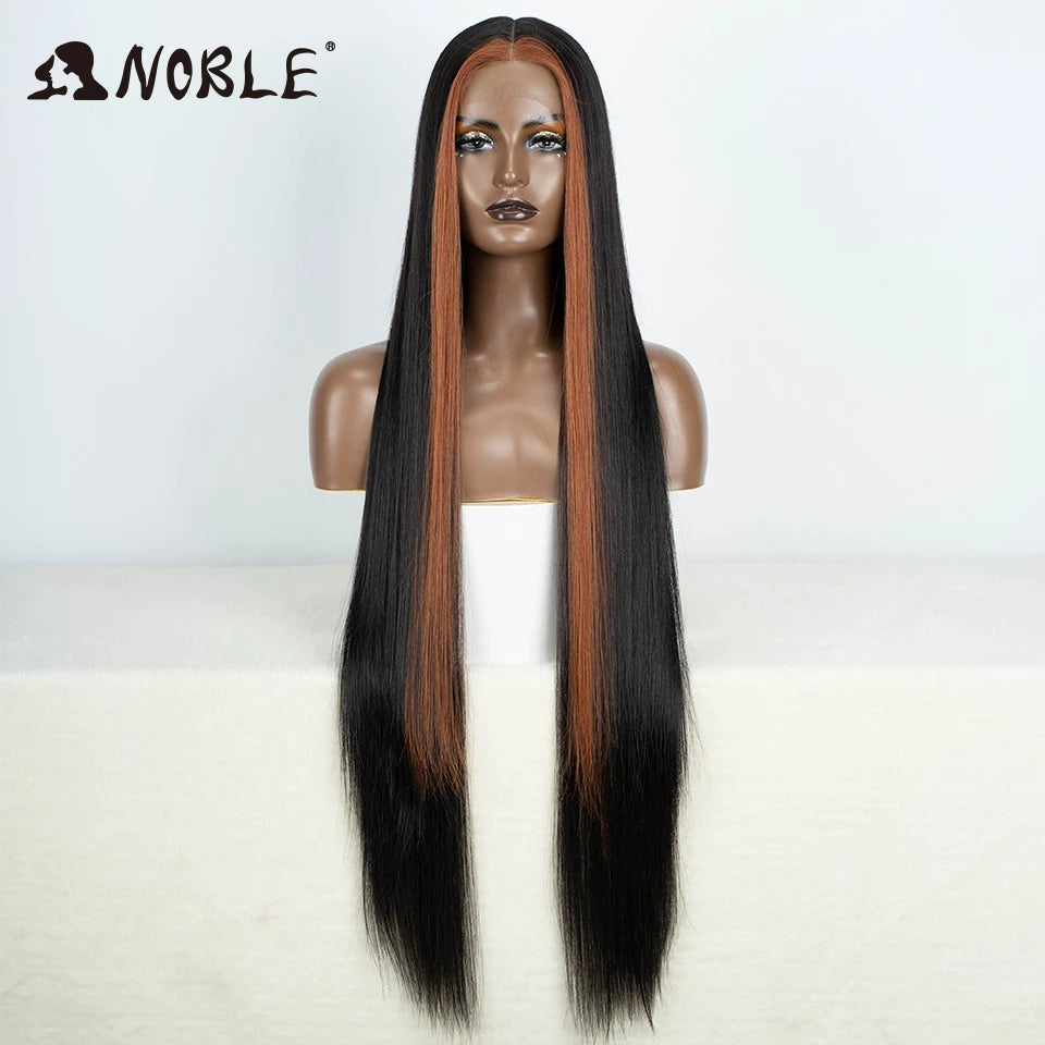 Noble 38 Inch Extra Long Straight Synthetic Lace Front Wig Skunk Stripe Grey White Ombre Glueless Heat Resistant Wig For Women