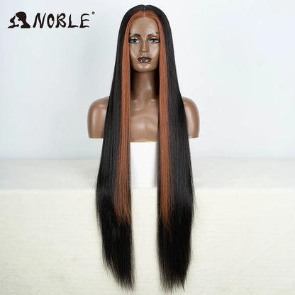 Noble 38 Inch Extra Long Straight Synthetic Lace Front Wig Skunk Stripe Grey White Ombre Glueless Heat Resistant Wig For Women