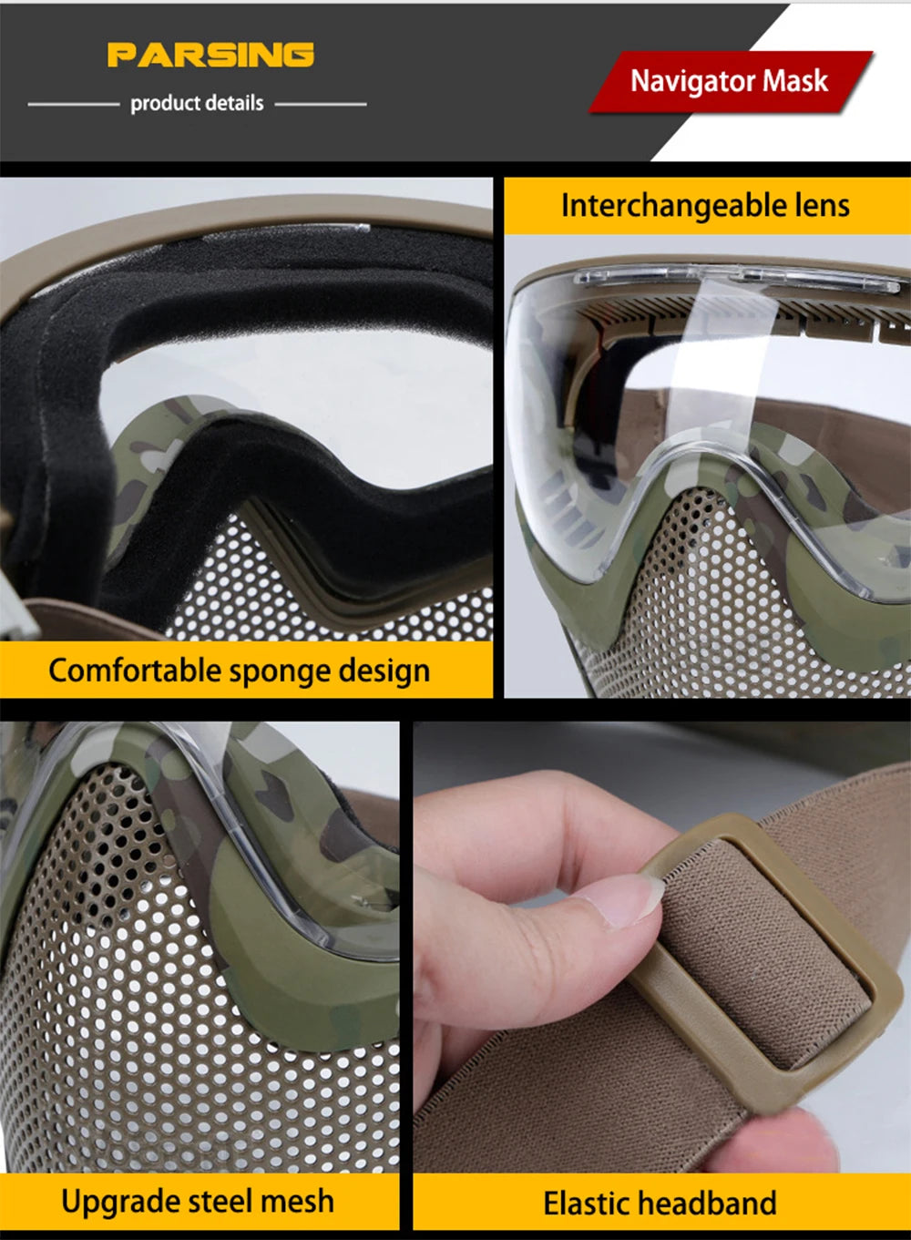 Tactical Full Face Mask Paintball Airsoft Cs Shooting Steel Mesh Breathable Protective Head/ Helmet Wearing Masks Hunting Gear