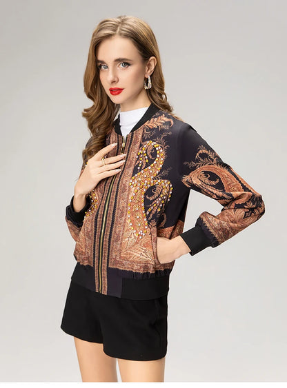Luxury Rhinestone Stand Collar Bomber Jacket for Women, Vintage European Style Loose Fit Zip up Long Sleeve Spring Autumn Coat