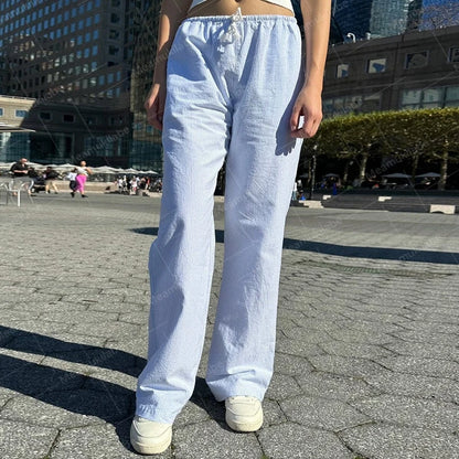Y2K Vintage Striped Loose Pants Comfy Loung Pants Streetwear Casual Tie Up Waist Wide Leg Trousers Women Pajamas Sleepwear
