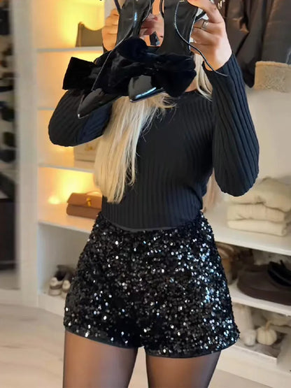 Chic Sequin Women's Shorts Sexy Black High Waist Mini Short Pants Female 2026 Spring New Fashion Woman Party Evening Outwears
