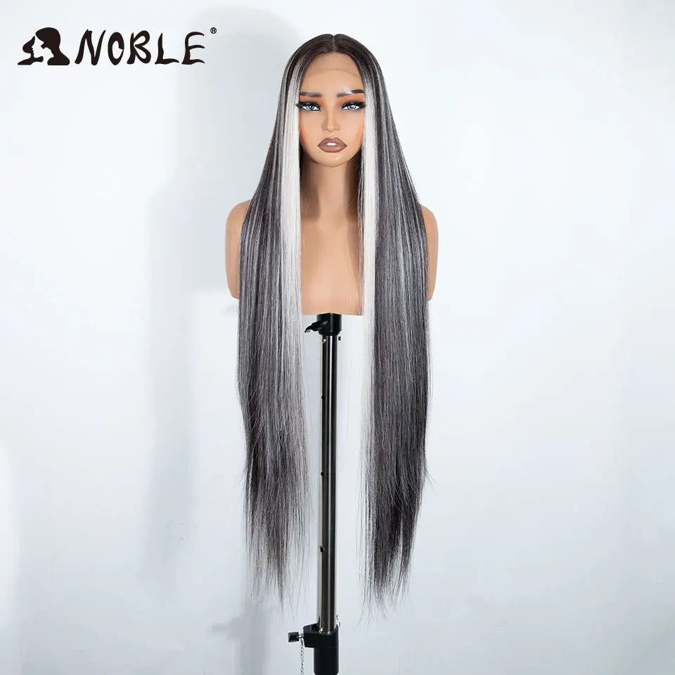 Noble 38 Inch Extra Long Straight Synthetic Lace Front Wig Skunk Stripe Grey White Ombre Glueless Heat Resistant Wig For Women