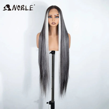 Noble 38 Inch Extra Long Straight Synthetic Lace Front Wig Skunk Stripe Grey White Ombre Glueless Heat Resistant Wig For Women