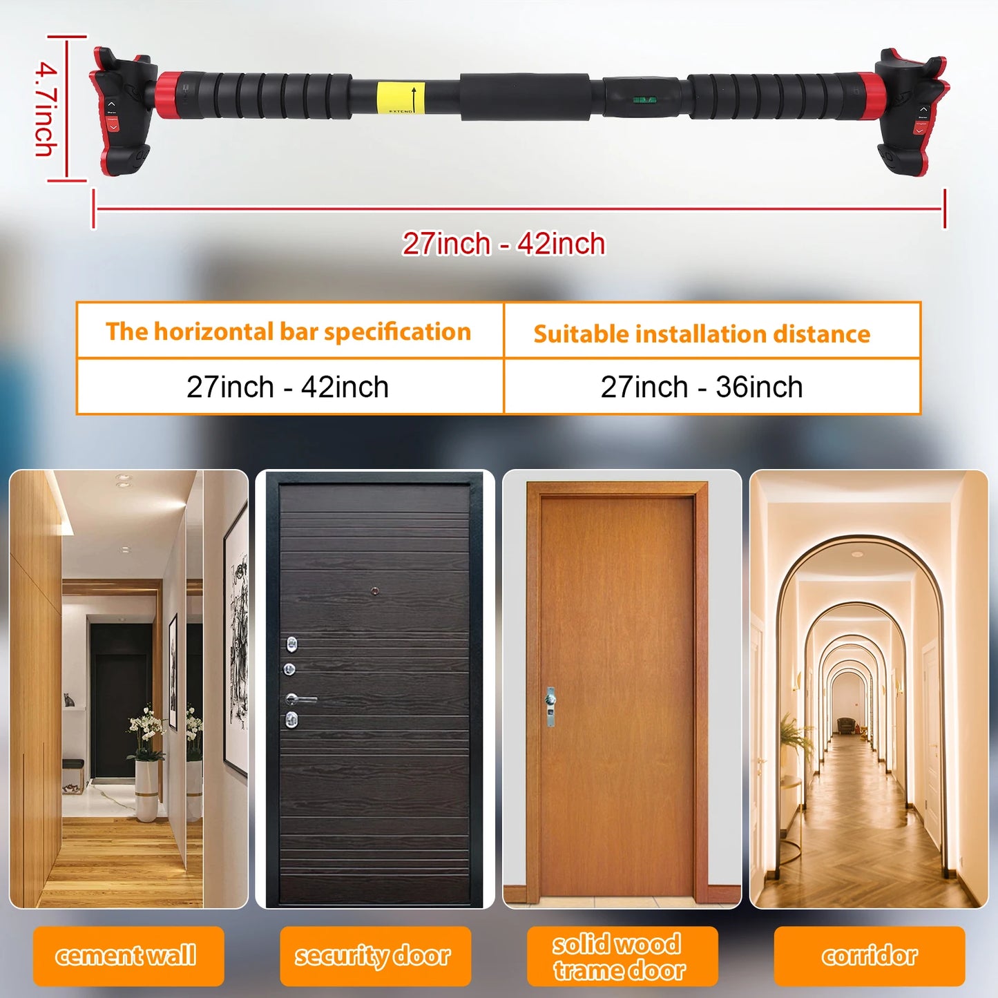 Pull Up Bar for Doorway Chin Up Bar with No Screws Wall Mount Non Slip Strength Training Pullup Bar Adjustable Pull Up Bar