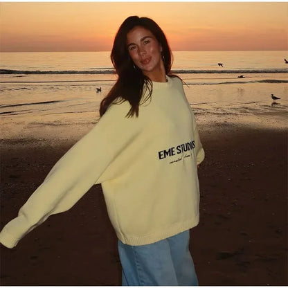 2026 EME Studio Winter Spain Version Of The Letter Printed Shirt New Unisex Loose Couple Personality Casual Fashion Sweater