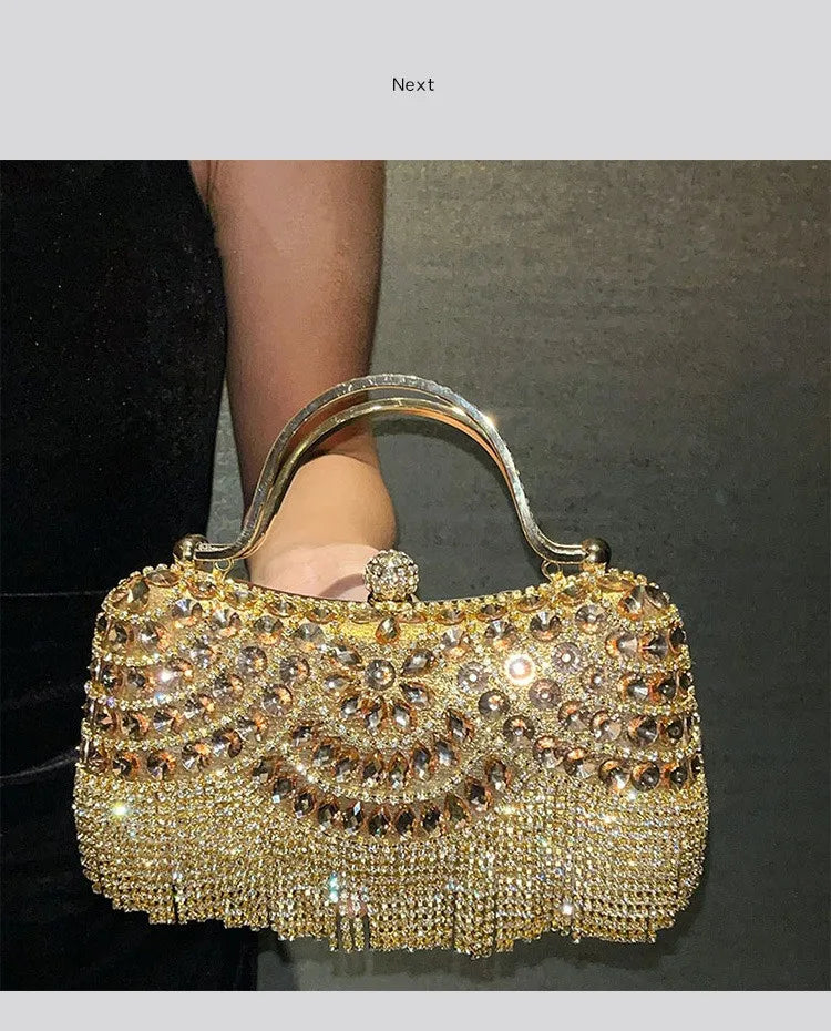 Diamond Evening Clutch Bag Golden Tassel Handbag Boutique Novelty Metallic Rhinestone Purses And Handbags Bridal Wedding Party