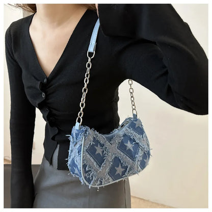 Women's Tote Bag with Star Pattern Blue Distressed Design, Golden-Tone Hardware, Stylish Handbag Shoulder Bag for Everyday Use