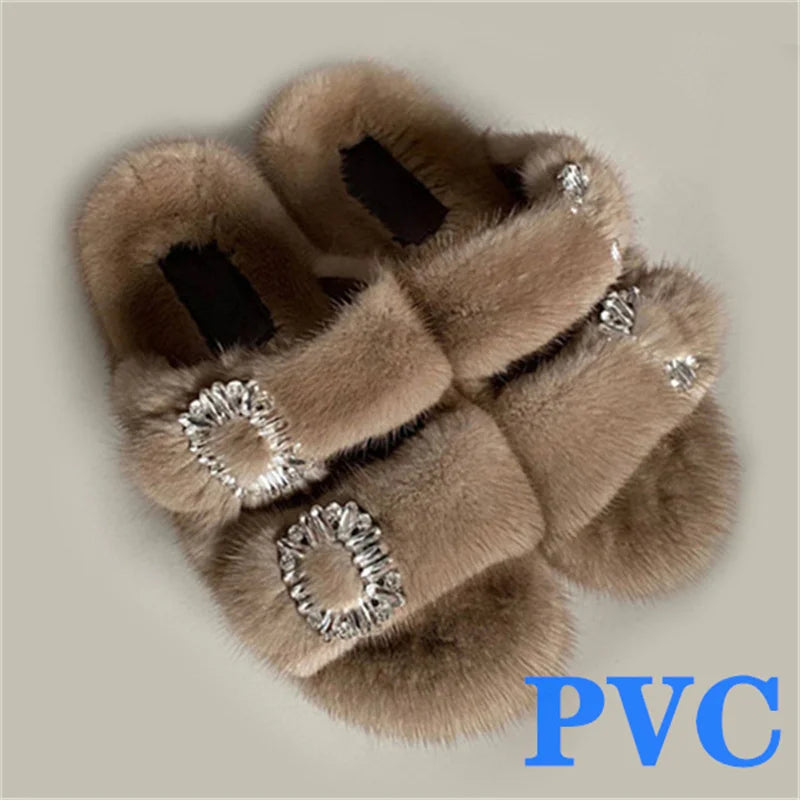Summer Women Mink Fur Slippers Woman Luxury 2026 Women's Sandals Outdoor Fashion Casual Shoes Fur Mule Shoes Opentoed Slides