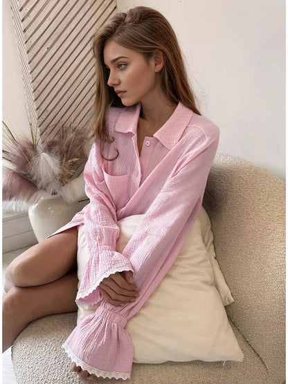Casual Crape Cotton Pink Two Pieces Sets Women Lace Lantern Sleeve Shirts And Baggy Shorts Sleepwear Spring Summer