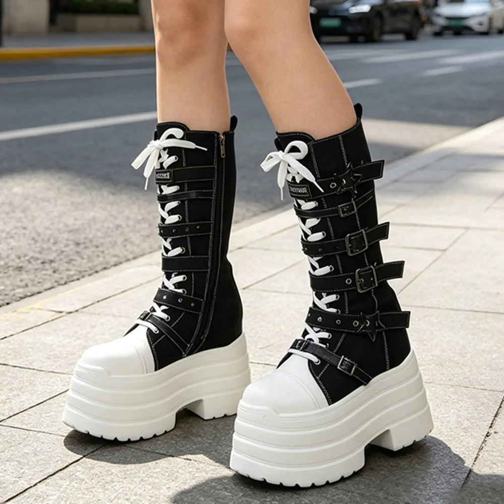 2026 Winter Punk Women Platform Knee High Boots Canvas Patchwork Lace-up Multi Metal Buckle Straps Chunky Heel Motorcycle Boots