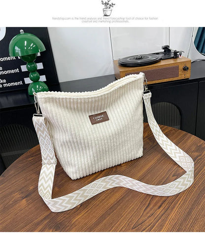 Solid Color Corduroy Messenger Bag Versatile Handbag Women Shoulder Crossbody Bags Casual Chic Bucket Women‘s Bag Bolsos Mujer