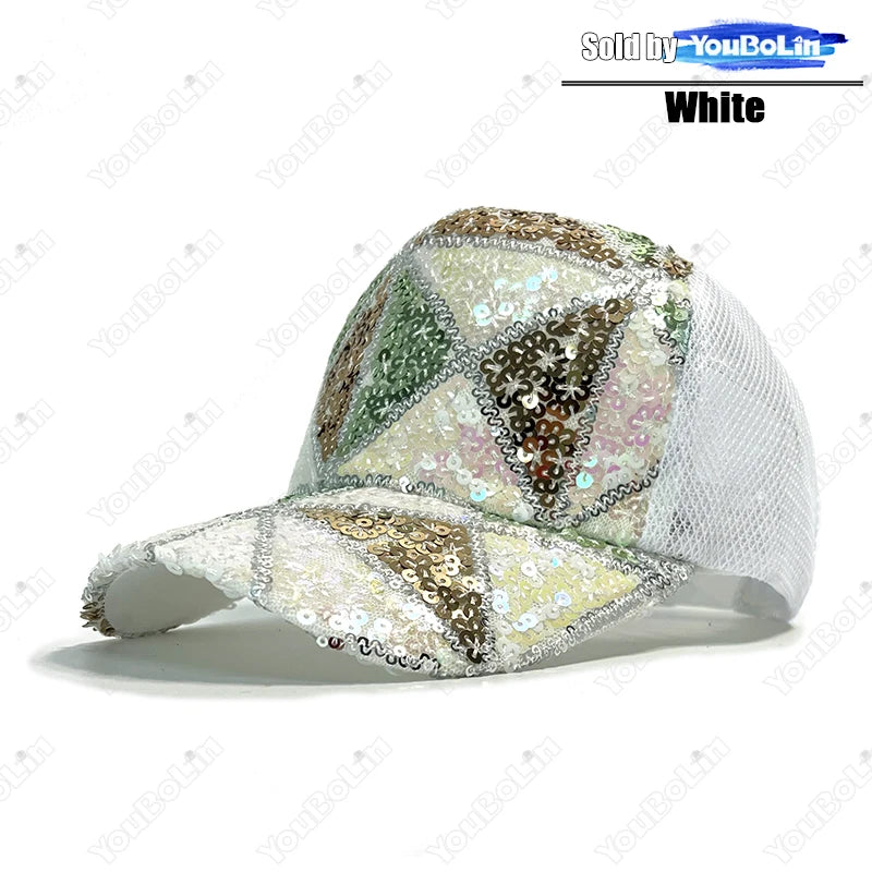 Summer Shiny Sequin Back Mesh Adjustable Cotton Baseball Cap Sun Hat