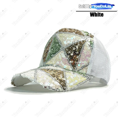 Summer Shiny Sequin Back Mesh Adjustable Cotton Baseball Cap Sun Hat