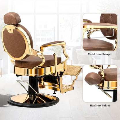 Retro Barber Chair Aluminum Frame Adjustable Headrest Footrest Hydraulic Reclining Salon Spa Shampoo, Customized
