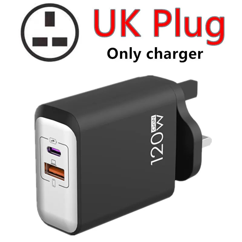 120W PD Fast Charger Type C Quick Charge USB C Wall Charger Adapter For iPhone 17 16 15 Samsung Xiaomi OPPO 2-in-1 Data Cable﻿﻿