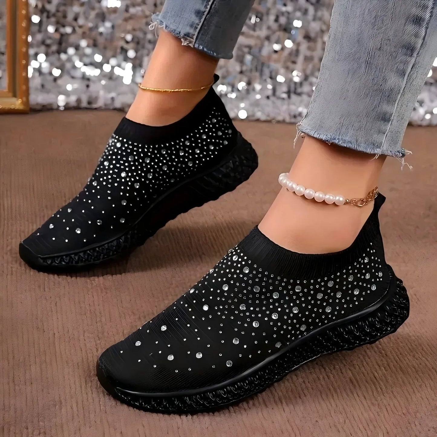 Shiny Crystal Black Women Sneakers Breathable Knitted Non Slip Casual Walking Shoes Woman Comfortable Soft Bottom Loafers Flats