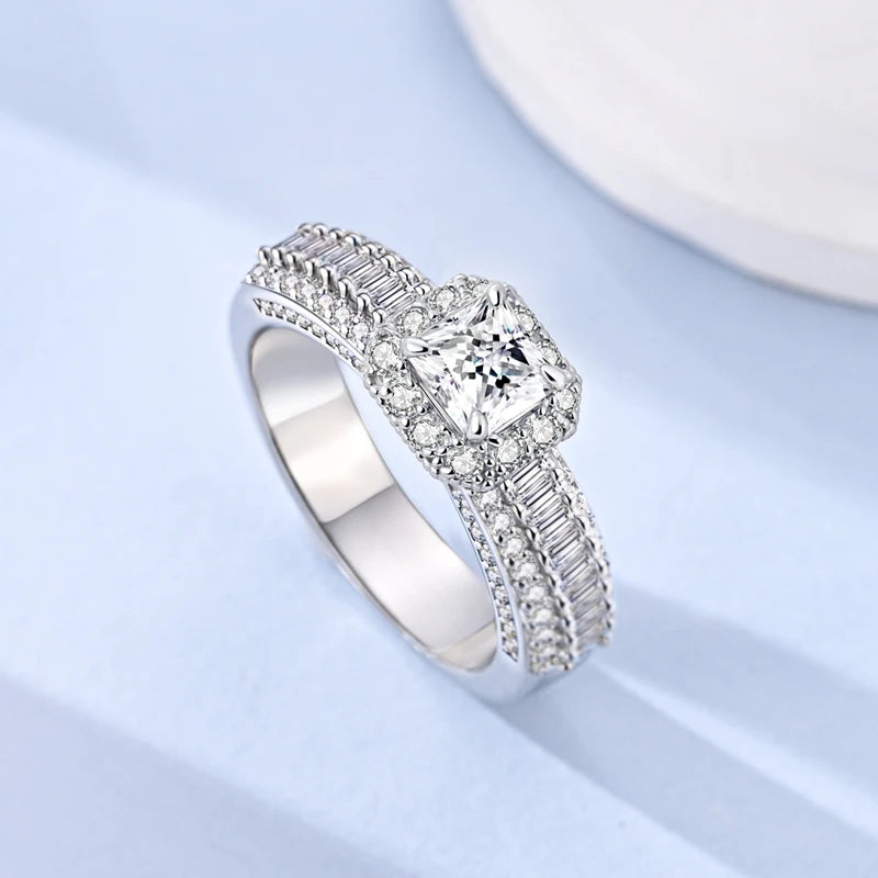 Original 925 Sterling Silver Sparkling Princess Full Pave Diamond Ring For Women Girls Jewelry Birthday Anniversary Gifts
