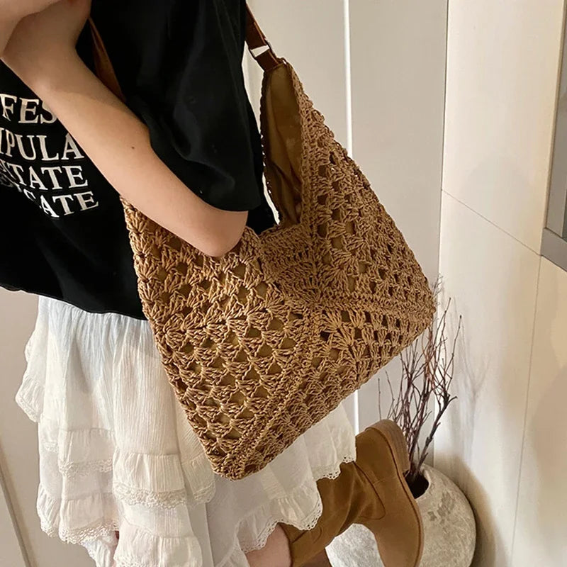 Ladies Knitted Straw Handbag Hollow out Hand Woven Beach Shoulder Bag for Women Seaside Tote Perfect for Vacations