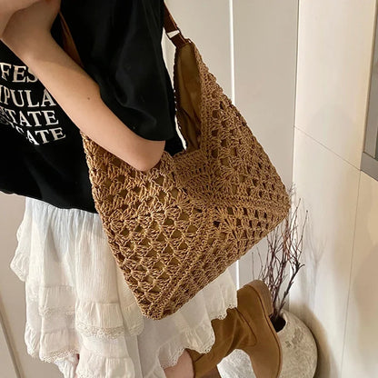 Ladies Knitted Straw Handbag Hollow out Hand Woven Beach Shoulder Bag for Women Seaside Tote Perfect for Vacations