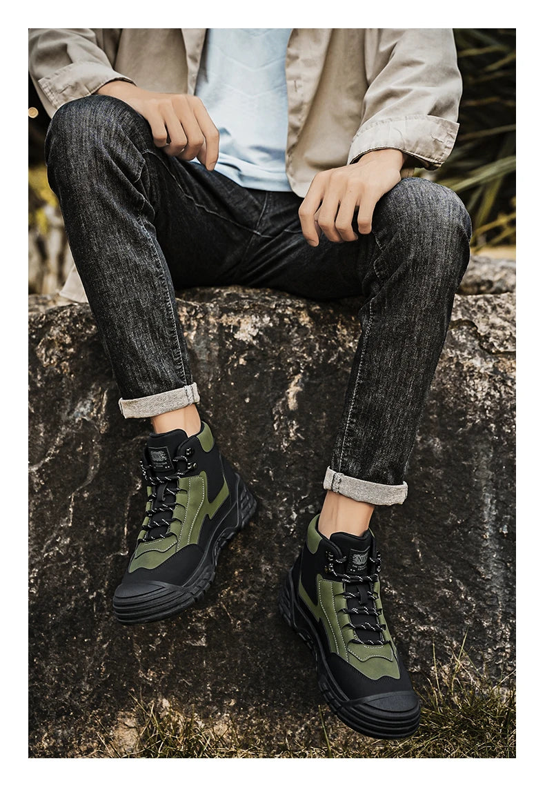 Original Black Leather Ankle Boots For Men Outdoor Non-slip Work Boots Men's Motorcycle Boots Platform High Top Bikers Shoes Man