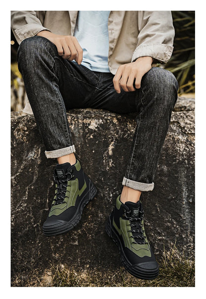 Original Black Leather Ankle Boots For Men Outdoor Non-slip Work Boots Men's Motorcycle Boots Platform High Top Bikers Shoes Man