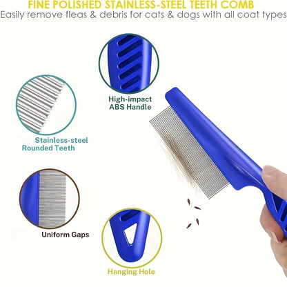 Pack of 4 Flea and Lice Combs, Stainless Steel Rabbit Dog Cat Grooming Comb with Round Teeth, Double-sided Professional Pet Tear