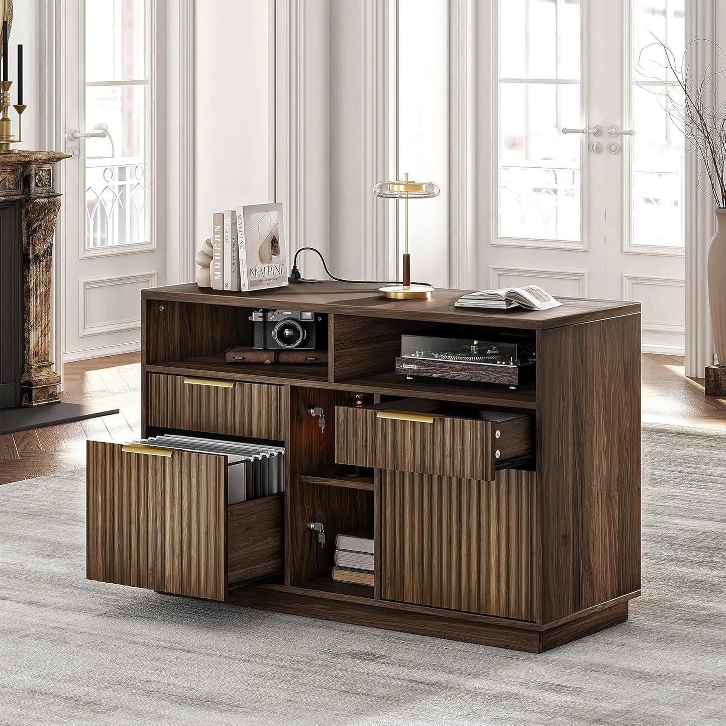 4 Drawer File Cabinet, Fluted Wood Lateral Filing Cabinet with Lock and Charging Station for Home Office, Printer, Customized