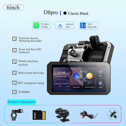 Gallop Sprite 6 inch Motorcycle GPS Navigation Wireless CarPlay Android Auto DVR Drive Recorder Portable Moto Monitor IPX7