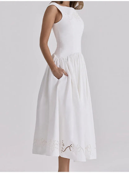 Minimalist White Boat Neck Midi Dress Women Elegant Cap Sleeve A-line Flare Eyelet Embroidery Vestido Wedding  Formal Party Gown