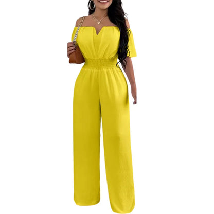 Summer New Women Sexy One Line Shoulder Solid Color Short Sleeve Jumpsuit Slim Elastic Waist Loose Straight Female Long Jumpsuit