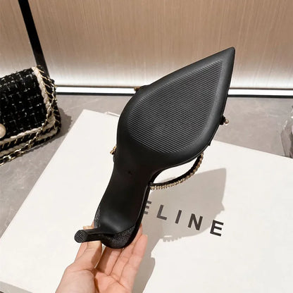 Luxury Rhinestones Gem Narrow band Women Slipper Sandals Elegant Pointed toe Thin High heels Mules Slides Fashion Party Shoes