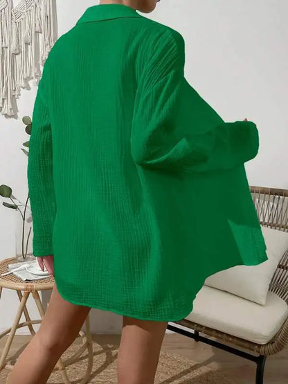 100% Cotton Gauze Muslin Sets For Women 2 Pieces Long Sleeve Shirts And Loose High Waist Mini Shorts Sets Ensemble Femme