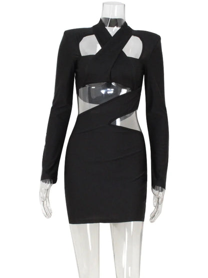 Ahagaga Sexy Club Women's Mini Dresses Solid Hollow Out V-Neck Regular Long Sleeves Sheath Bodycon Slim Fit Streetwear Vestidos