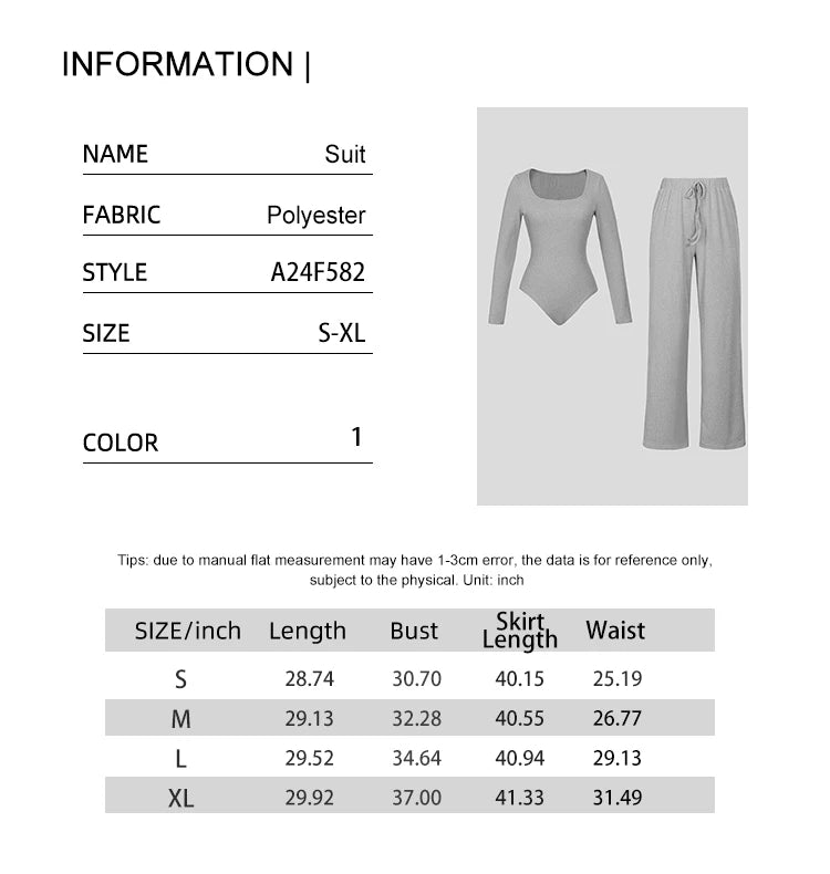 Ladies Casual Two-Piece Suit round Neck Long Sleeve Top with Wide Leg Pants Pure Color Straight Loose Trousers Elegant Outfit