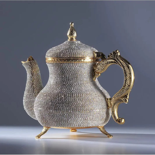 Handmade Gold Decorative Teapot Pitcher Turkish Moroccan Arabic Style, Crystal Embellished, 2.6 lb, 8x7, Ornate Zamak Kettle for