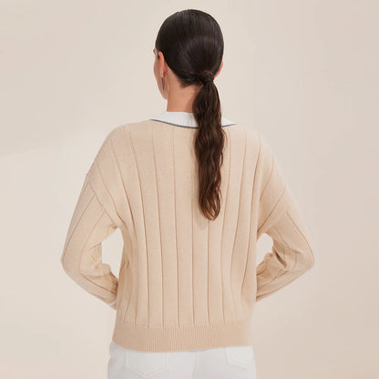 BY4521246 Women's Luxurious V-Neck Long Sleeve Sweater 100% Cotton Casual Knitted Pullover Fall Winter 2025